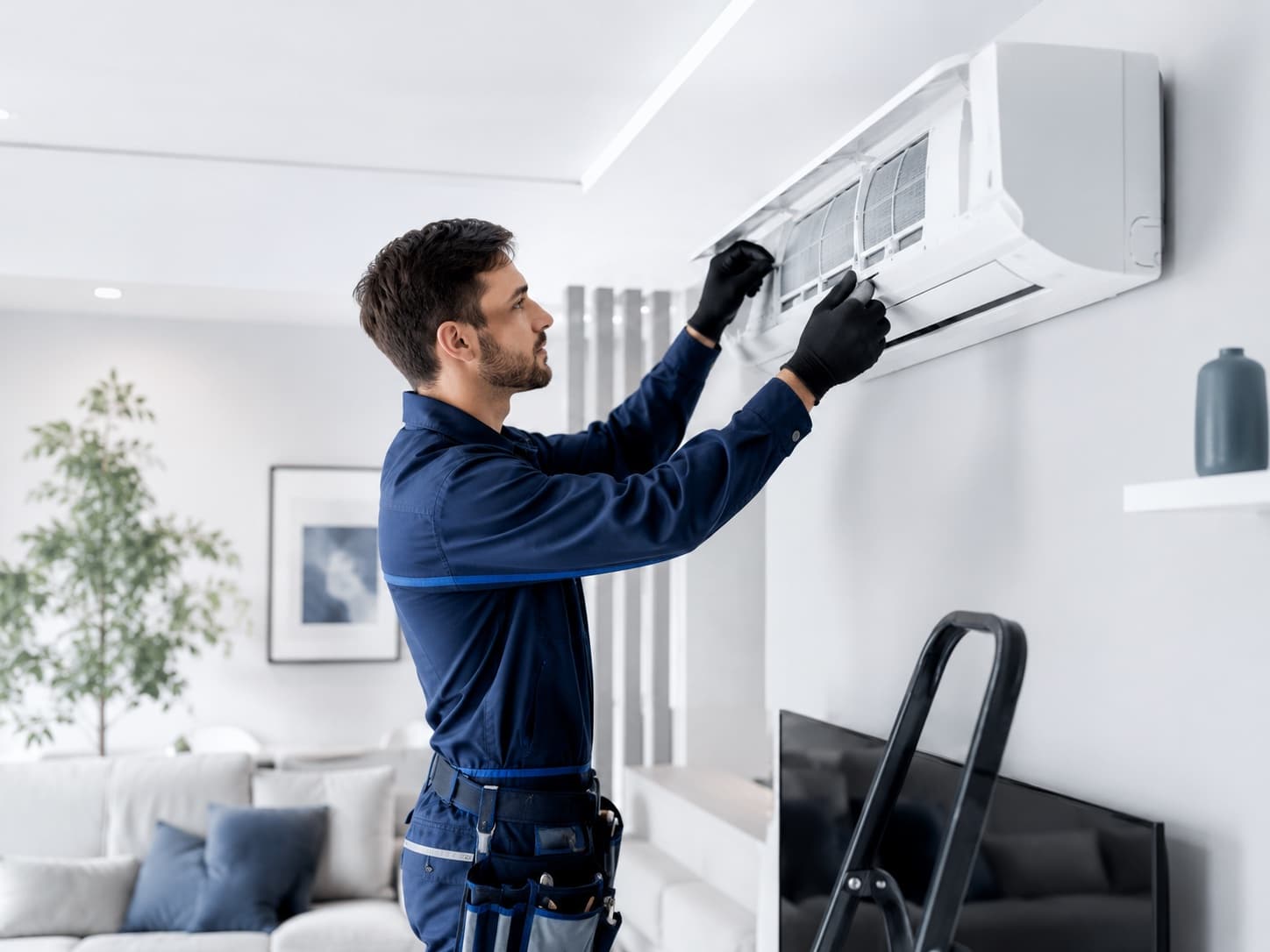 Technicien en tenue de travail entretenant une climatisation murale dans un salon
